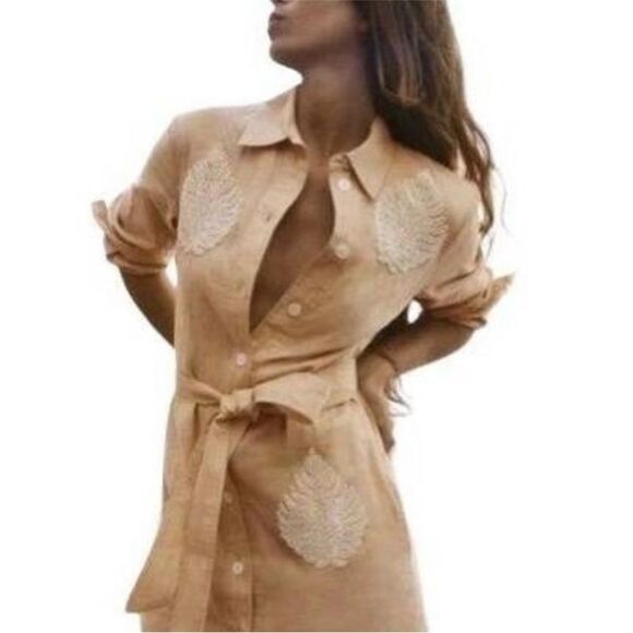 Zara 100% Linen White Beaded Leaf Tan Button Down Boho Collar Artsy Dress Small - Picture 2 of 12